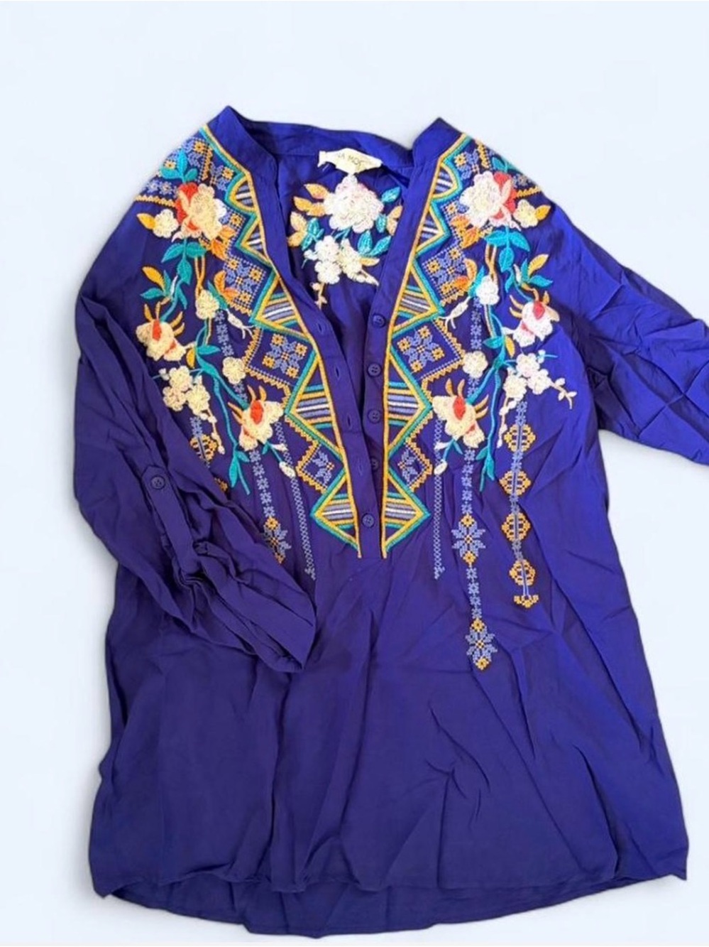 Embroidered V-Neck Tunic in Royal Blue